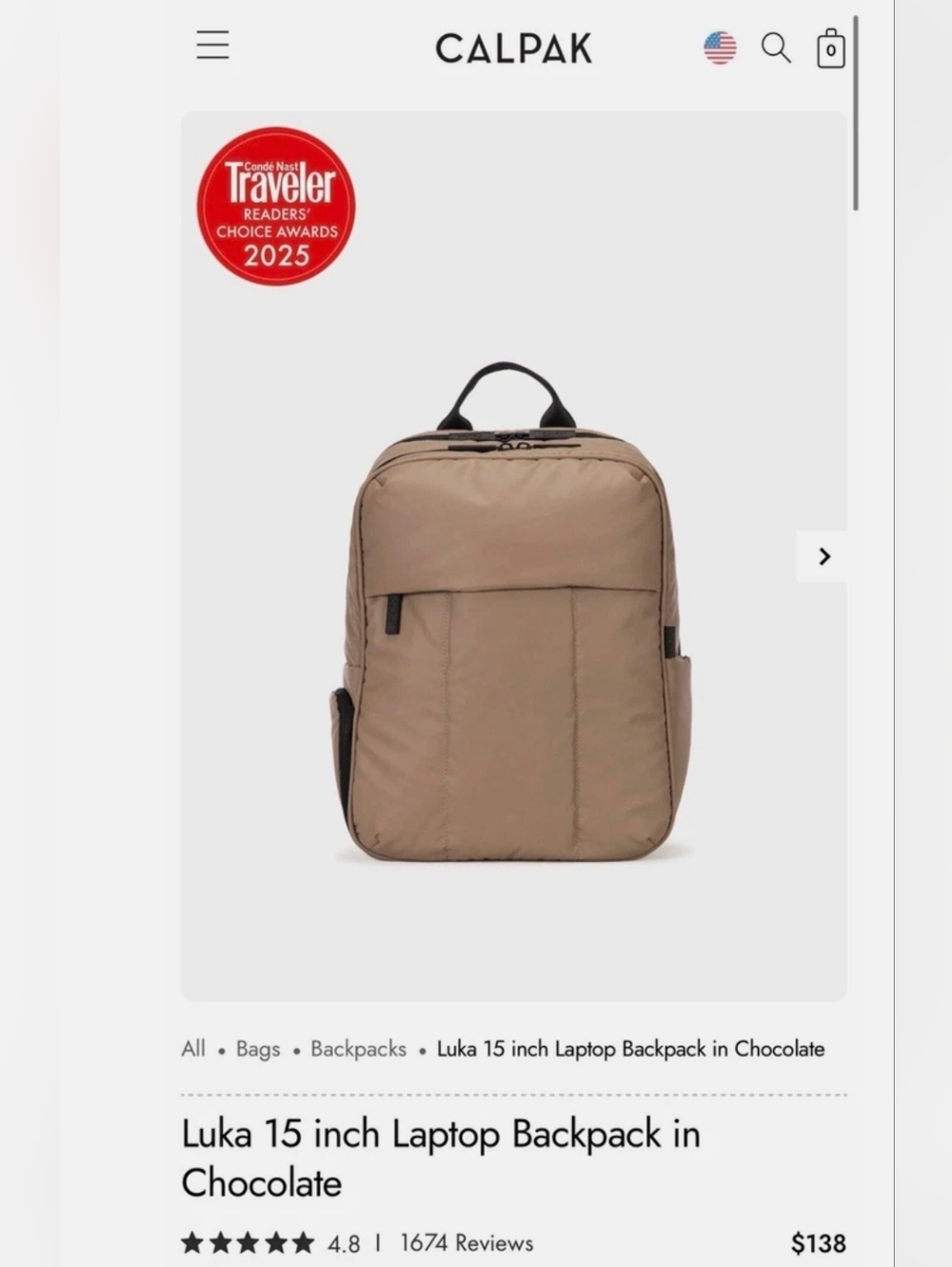 CALPAK Luka 15" Nylon Laptop Backpack Chocolate Padded Multiple Compartments - Picture 6 of 6